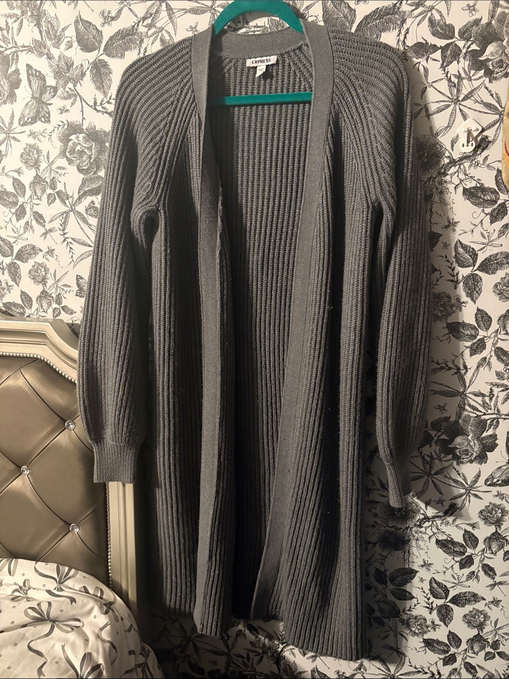 Express Long Ribbed Open-Front Cardigan in Gray
